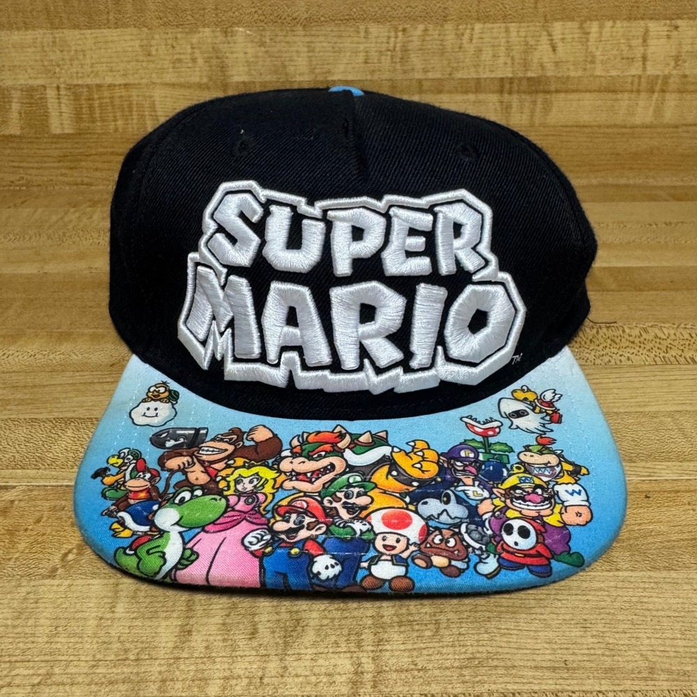 Super Mario Nintendo Snapback Hat Black Blue Character Collage Flat Brim Cap
